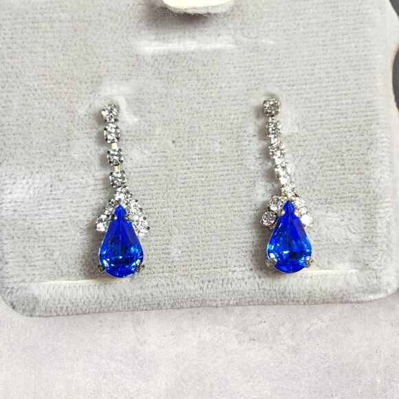 JC Penny Earrings Vintage CZ And Sapphire 14k Gold Dangle Post Pierced Sparkly - Picture 1 of 8